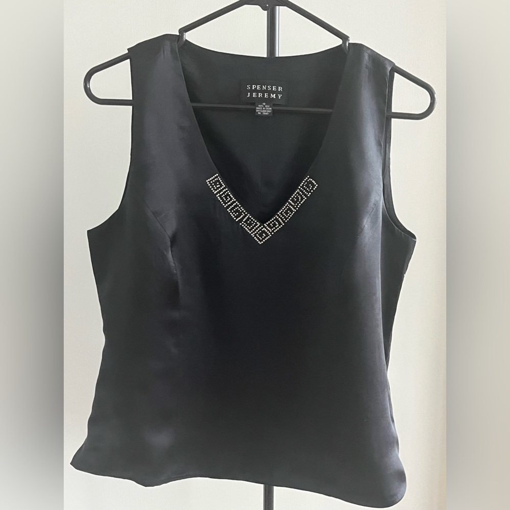New Spenser Jeremy Sleeveless Black Satin Silk Rhinestones Top Tunic Blouse Sexy